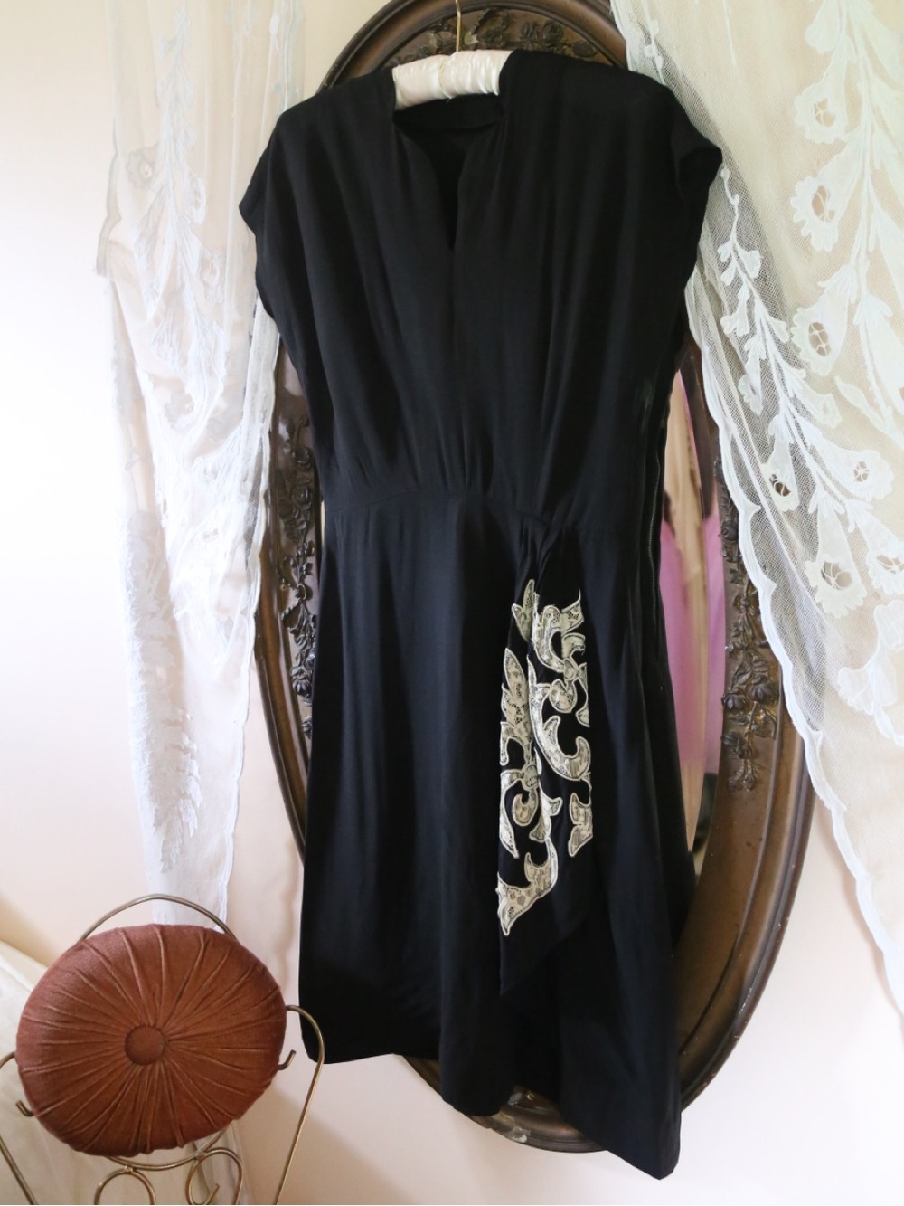 Vintage 1940s Black Lace Detail Dress